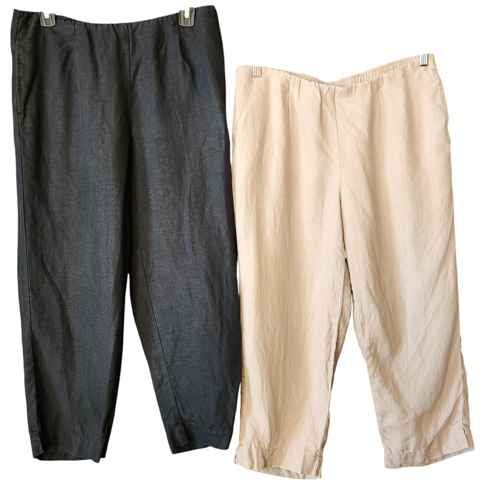 Pure Jill Love linen Cropped Pants‎ Small Pull on Black Beige Pockets Set of 2